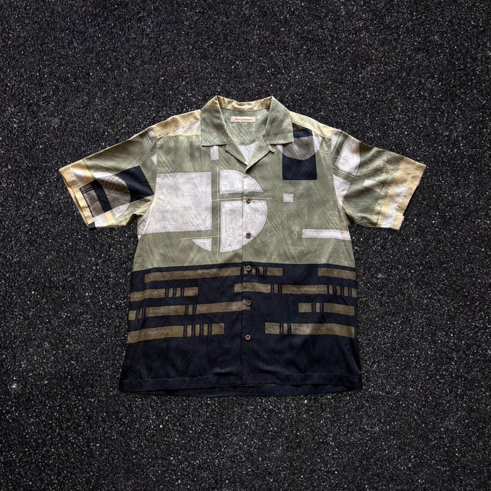 Tommy Bahama Mens Large Silk Abstract Geometric Camp Shirt Olive Green Black L